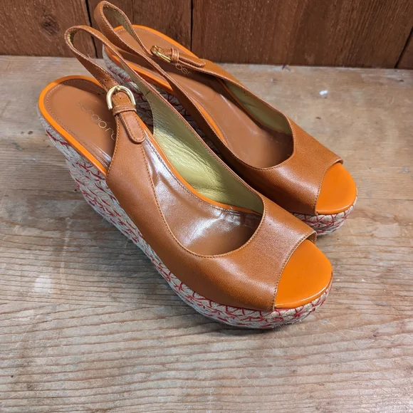 Sergio Rossi slingback wedge espadrilles orange, raffia leather size 37 spain - Picture 2 of 5